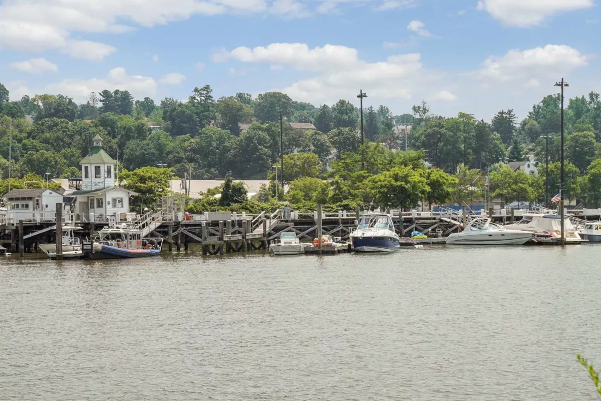 A river with a marina with small boats docked and trees in the background.