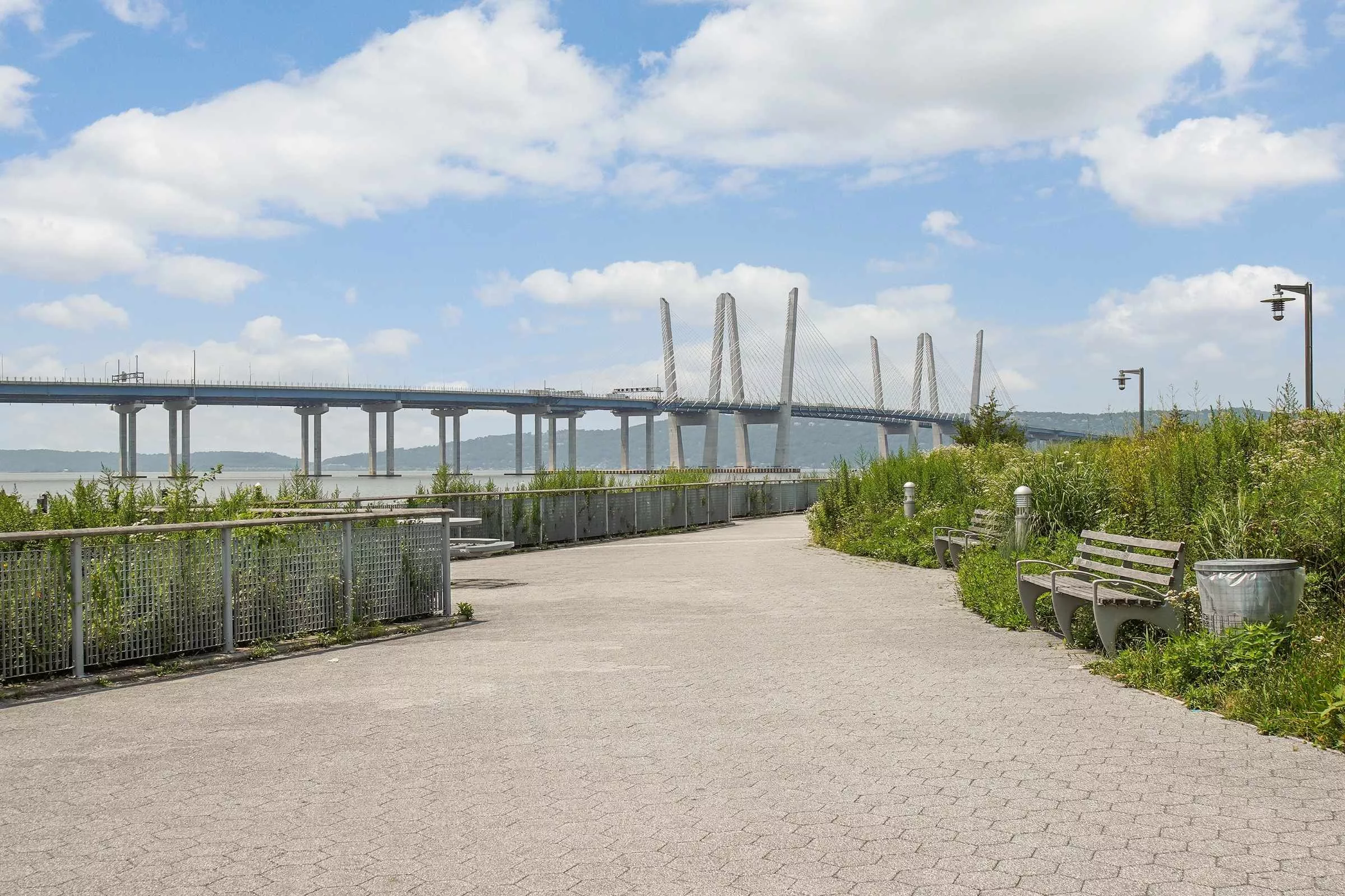 A modern bridge with multiple supports spans a river, seen from a landscaped path with tall greenery. Hills are visible in the background.